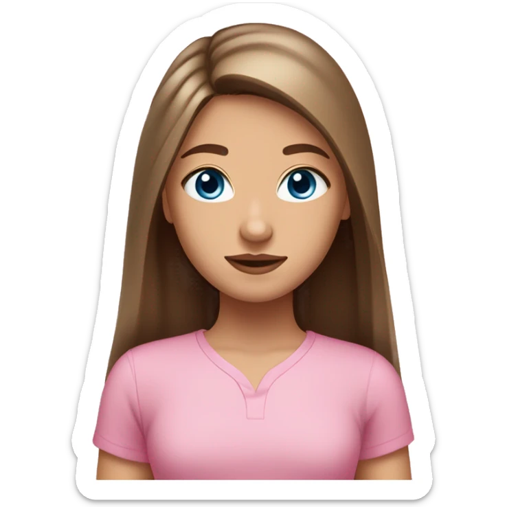 A girl with grey blue eyes, and long brown straight hair, and a middle part, and pink shirt, and medium fair skin sticker