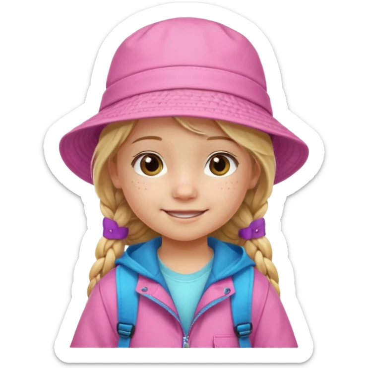 Little girl kid student, long braid blonde, wears pink bucket hat and jacket, backpack, happy sticker