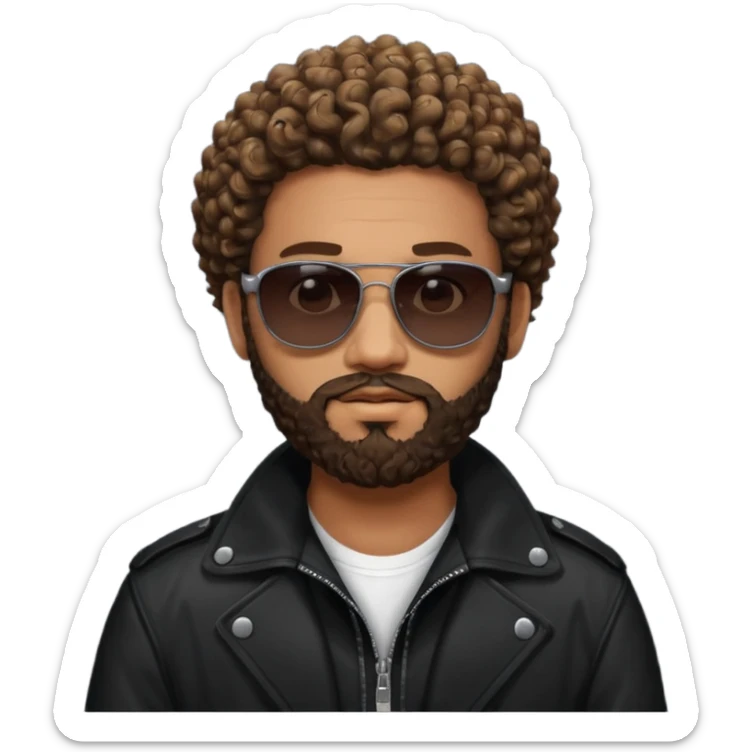 biker gang with black sunglass and rugged and bulky guy bearded curly hair black jacket one gay sticker