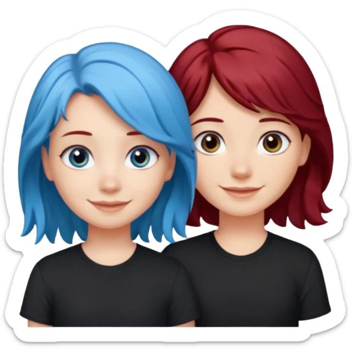 A half blue wavy haired blue eyed and black shirt girl and her straight a litte bit dark red haired dark brown eyed girl bestie sticker