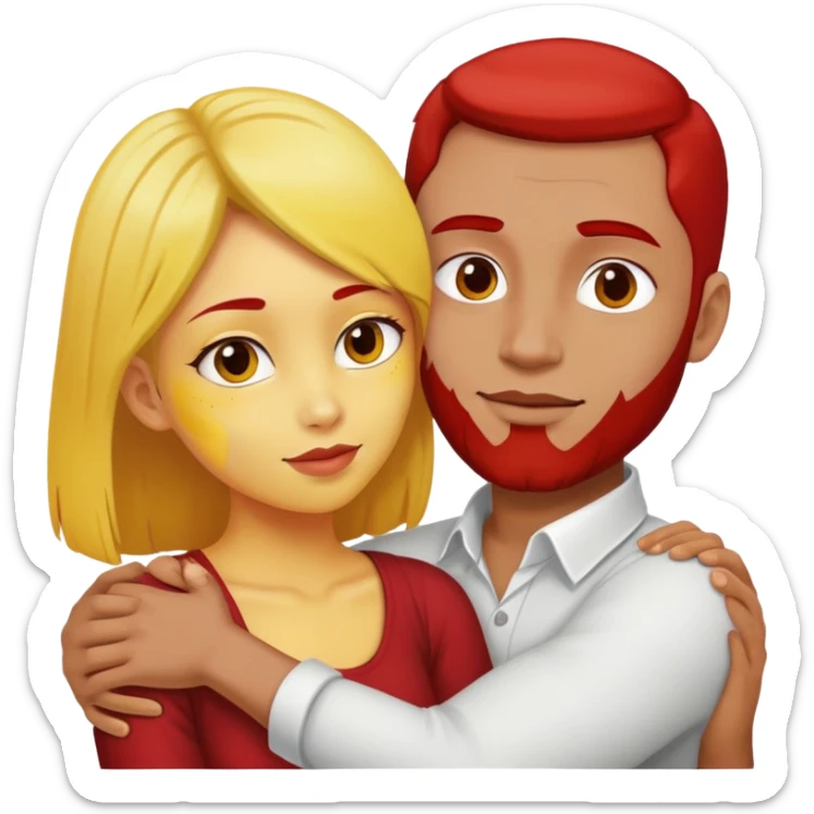 can you make two people when girl have arms on man neck the boy has red face and girl is yellow sticker