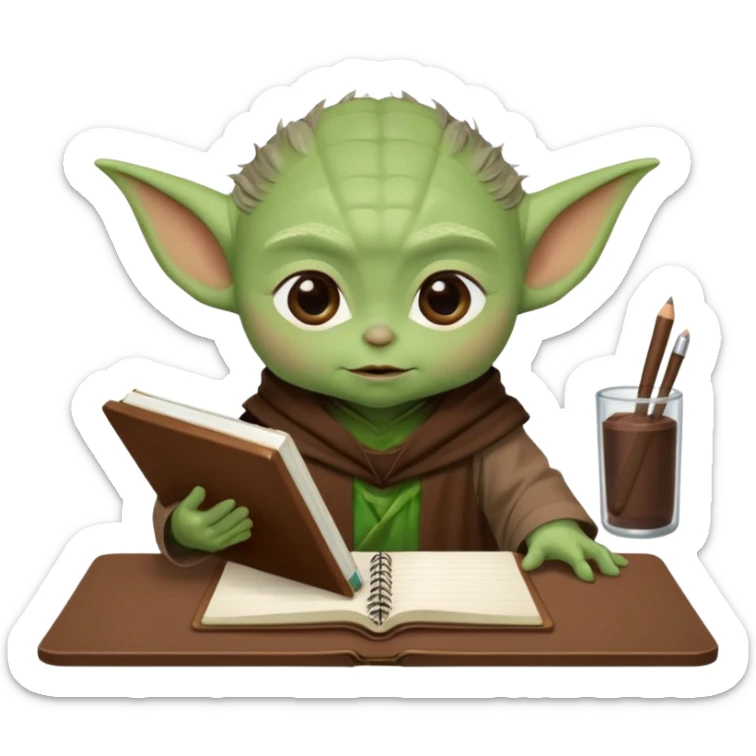 Baby Yoda con su tunica chocolate escribiendo en un cuaderno sobre un escritorio en un aula de clases sticker
