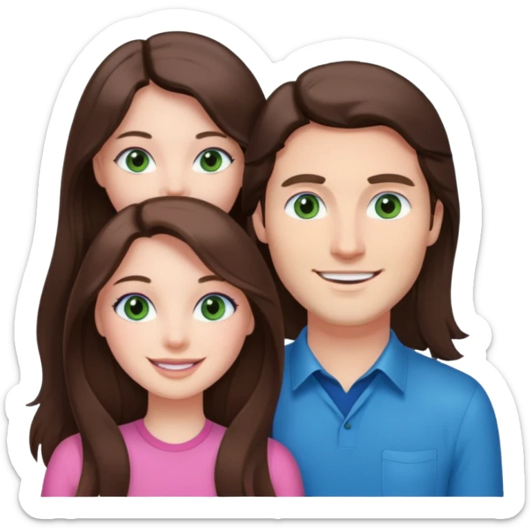 pink polaroid photo of a couple thats white with long brunette hair blue eyes and a white guy with brunette hair and green eyes sticker