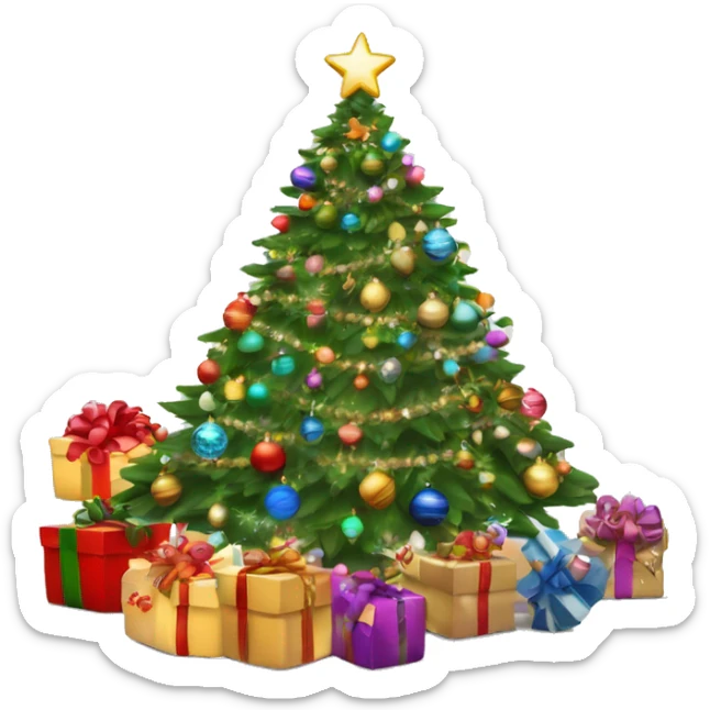 Christmas tree with lots of baubles and lights with lots of presents around the tree￼ sticker