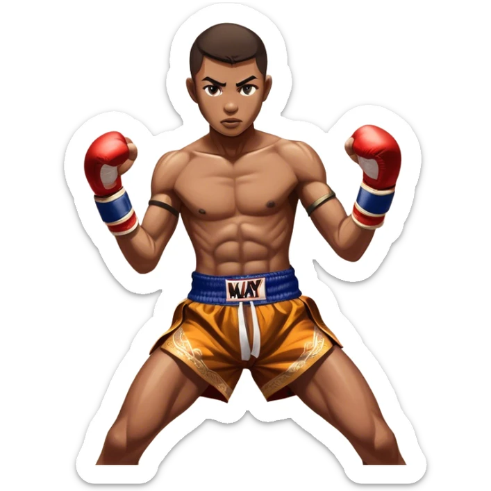 Muay Thai traditional – Cinematic Realistic Traditional Muay Thai Fighter, depicted in authentic Muay Thai attire with arm bands and shorts, poised in a dynamic fighting stance in a traditional Thai stadium, rendered with vivid textures and dramatic, high-contrast lighting that accentuates the art’s intensity. sticker