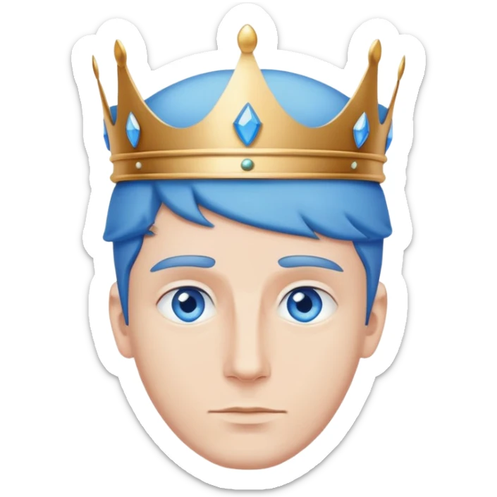 A man with blue eyes wearing a large, simple blue crown. The crown has no details or gemstones, and its base is wide and smooth. The style is clean and minimalistic sticker