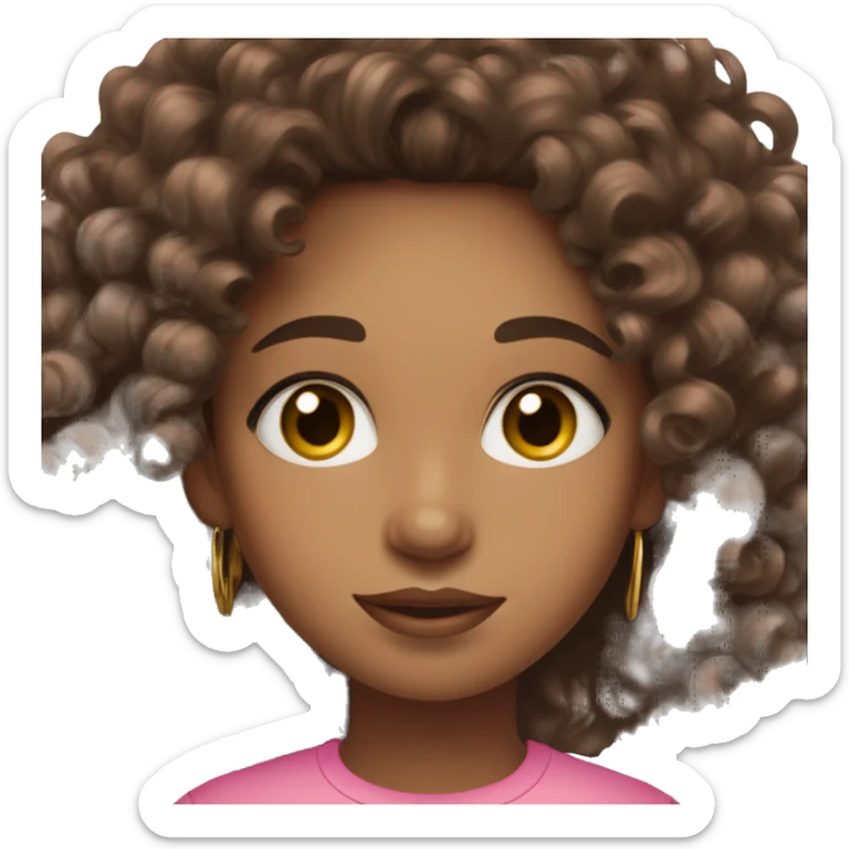 mixed girl, curly dark brown hair, pink shirt, brown eyes, gold hoop earrings sticker