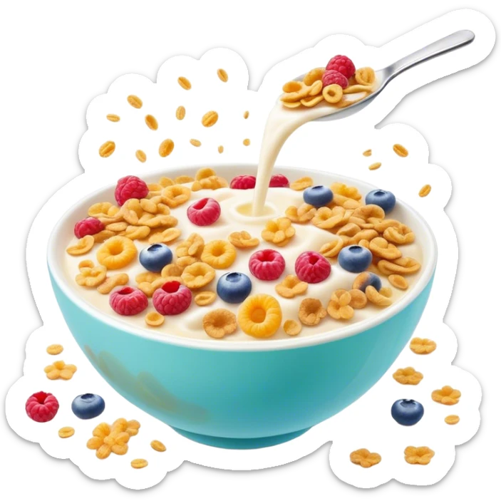 Cinematic crunchy cereal, vibrant and colorful, splashing into a bowl of cold milk, soft glowing background, dynamic movement, playful and inviting, nostalgic and fun. sticker
