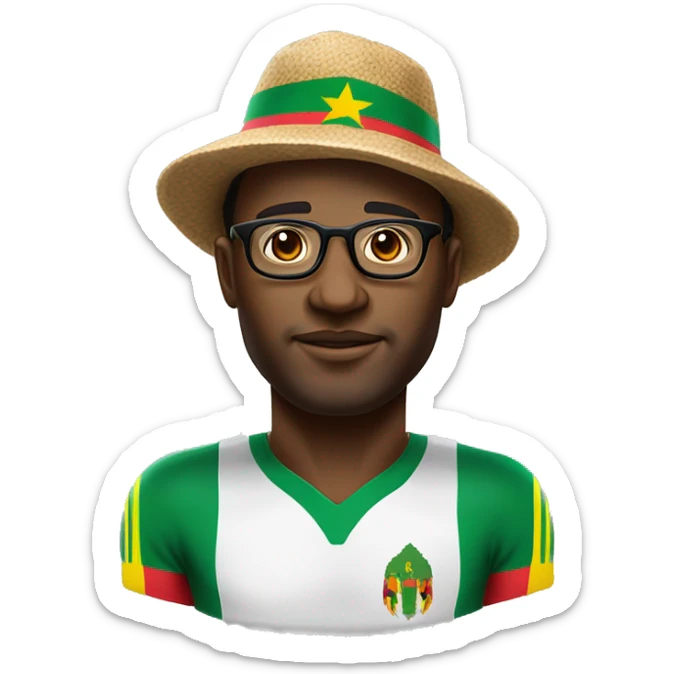 Africain d'environ 30 ans avec le maillot du Cameroun avec des lunettes et un chapeau sticker
