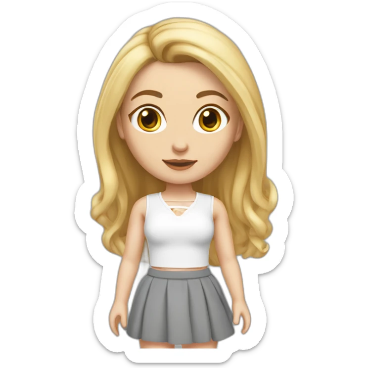 realistic caucasian female, long straight blonde hair, white lace up crop top, grey mini skirt, body view sticker