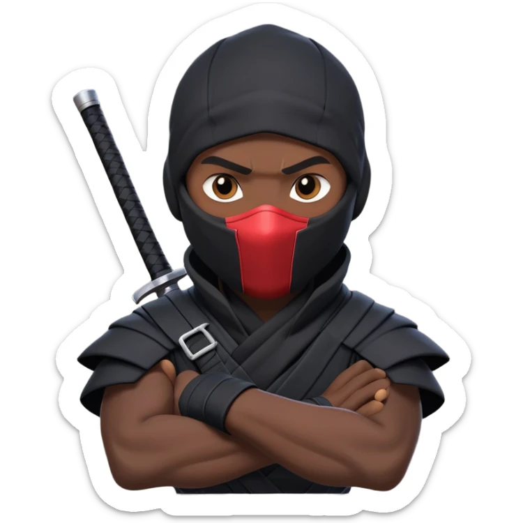 clash-of-clans-aesthetic_-cinematic-mysterious-male-ninja-portrait-emoji, rendered in a flat, vector-style with minimal shading and bold, simplified shapes, with a head slightly turned revealing intense, focused eyes. the ninja has his arm out and perched on top of his forearm is  a  giant black crow sticker