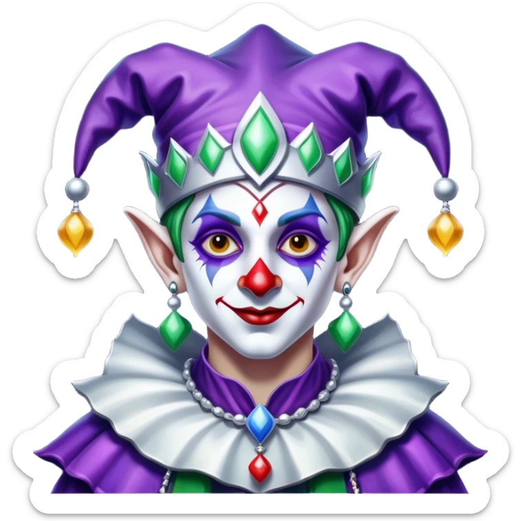 Full view, Cinematic and Ultra realistic 32k HD hauntingly beautiful jester with Balanced features, highly detailed, glowing with silver light, high shine, remembrance, a painting of white silver, fanciful, enchanting. The image is so lifelike it could leap off the canvas at any moment sticker