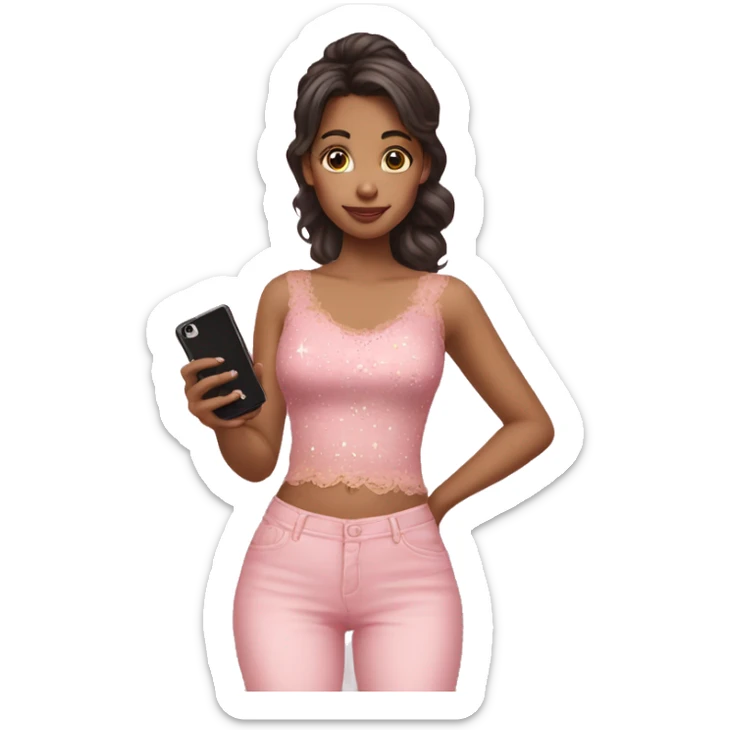 brown yellowish girl in a pink lace top holding a phone with a black case with white stars on it sticker