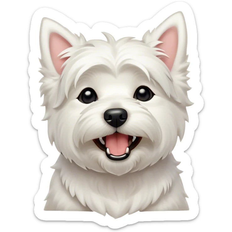 Cinematic Cute Yawning West Highland White Terrier Portrait Emoji, Head tilted slightly with a dramatic, wide-open yawn, showcasing a soft, fluffy white coat with floppy ears slightly drooping and round dark eyes barely open in drowsy contentment, Simplified yet irresistibly adorable features, highly detailed, glowing with a soft, cozy glow, high shine, relaxed yet expressive, stylized with a touch of whimsy, bright and endearing, soft glowing outline, capturing the essence of a sleepy yet affectionate companion, so drowsy it feels like it could stretch out of the screen and curl up for a nap! sticker