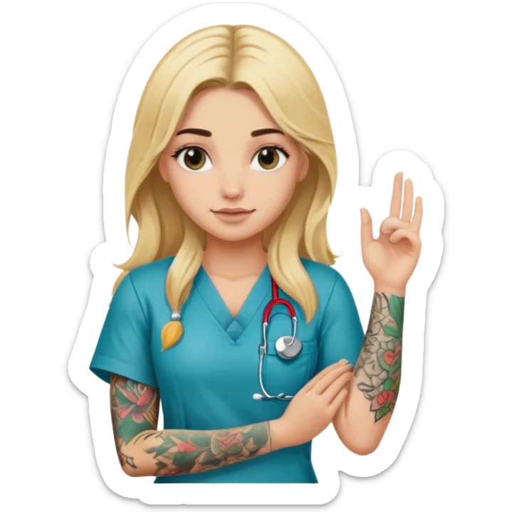 blonde girl with long hair and arm tattoos with scrubs sticker