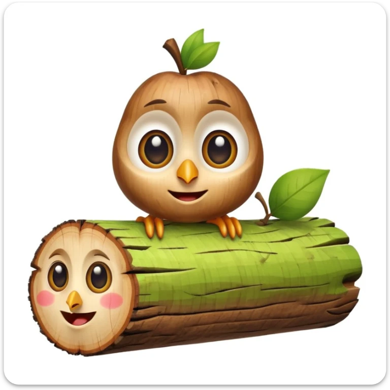 caricature of a smiling wooden log with big eyes, small bird perched on top, apple emoji style, white background, cute and colorful sticker