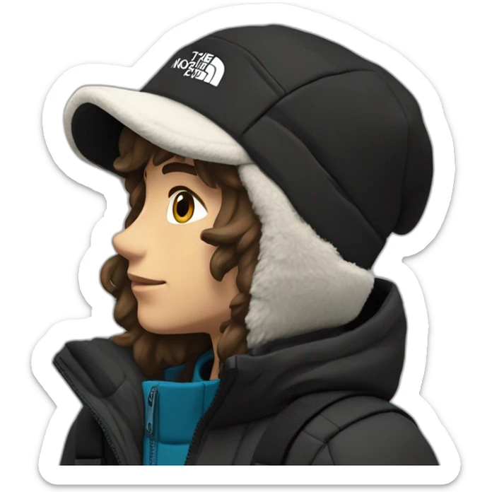 white boy,mi-long brown hair,winter cap black The North face,black jacket The North face,1 Backpack sticker