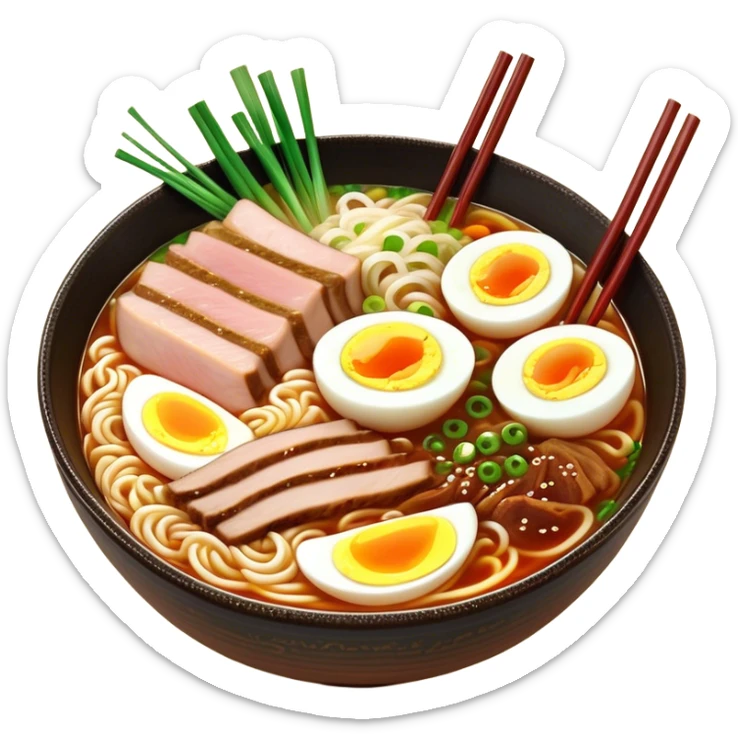Cinematic Realistic Ramen Dish Emoji, showcasing a steaming bowl of rich broth with noodles and toppings rendered with dynamic textures and inviting, warm lighting. sticker
