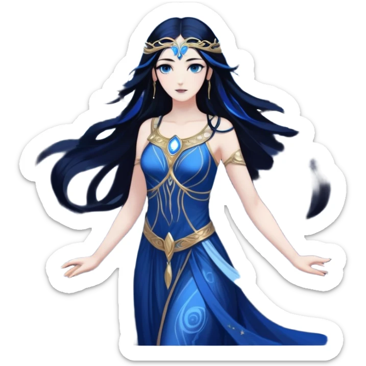 tall, ethereal goddess with glowing blue-white skin, long flowing black hair, glowing white eyes, and large shadowy wings. She wears a sleek, ancient Greek-style gown in deep midnight tones. Dark cosmic energy swirls around her, with stars and shadows trailing from her presence.” sticker