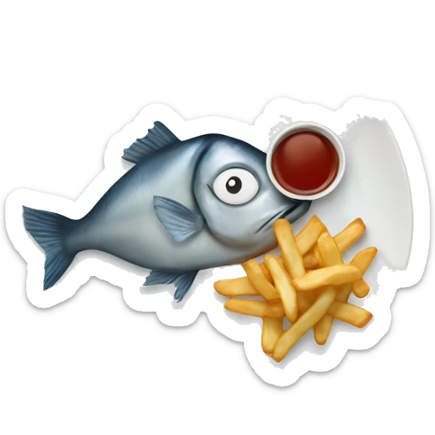 fish and chips on the plate. the ketcups are on the middle of the plate with no real eyes sticker