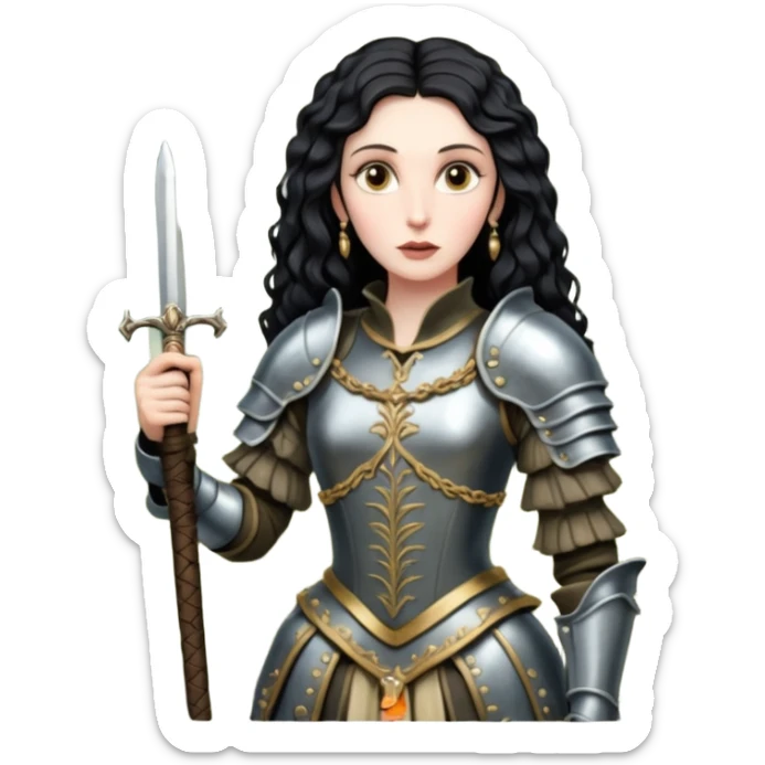 realistic cinematic actress Cher in baroque styling with dirty armor in a forest sticker