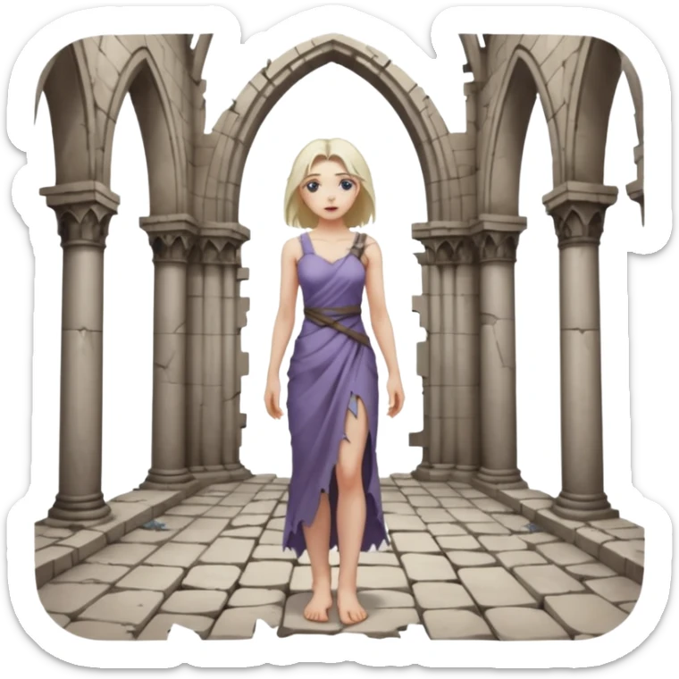 Female figure standing barefoot in ruined cathedral, dress slipping from shoulder sticker