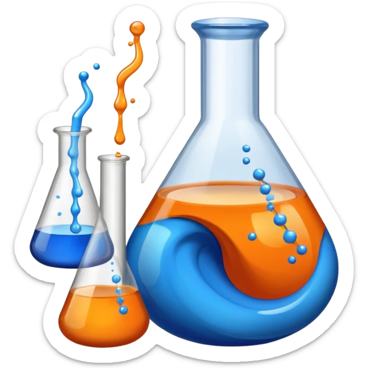 emoji of a chemistry flask with swirling blue and orange liquids merging and a small calculator or ratio bar beside it to represent alligation sticker