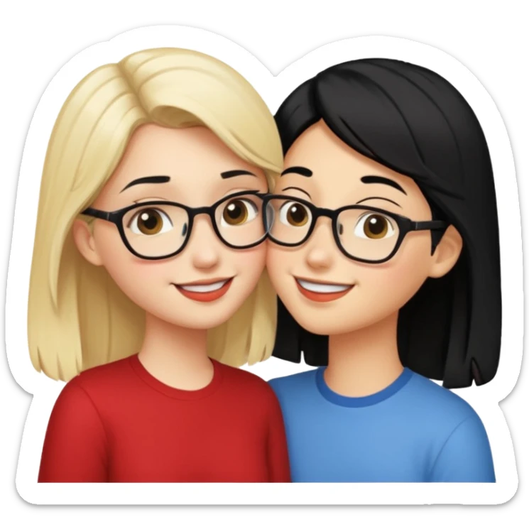 pretty light blonde girl barbie kissing nerd with black hair and tan skin on the cheek sticker