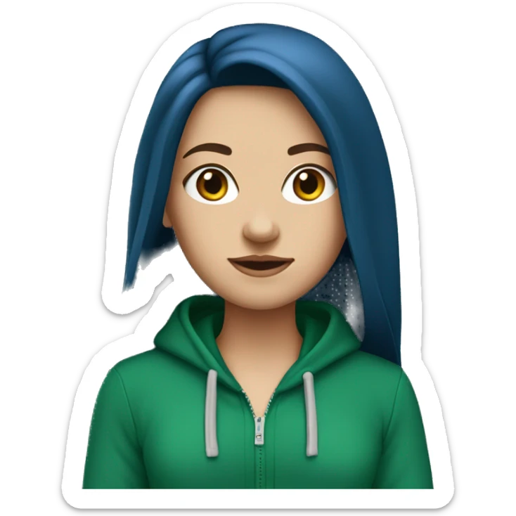 white girl with dark blue long hair wearing unzipped green hoodie sticker