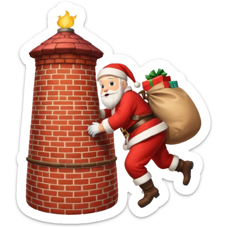 Santa Claus is carrying a bag of presents and climbing down the chimney. sticker
