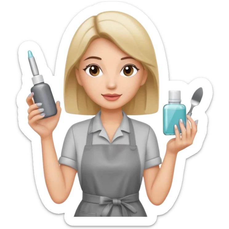 female nail master in grey apron with small gel polish in one hand and nail file in other  sticker