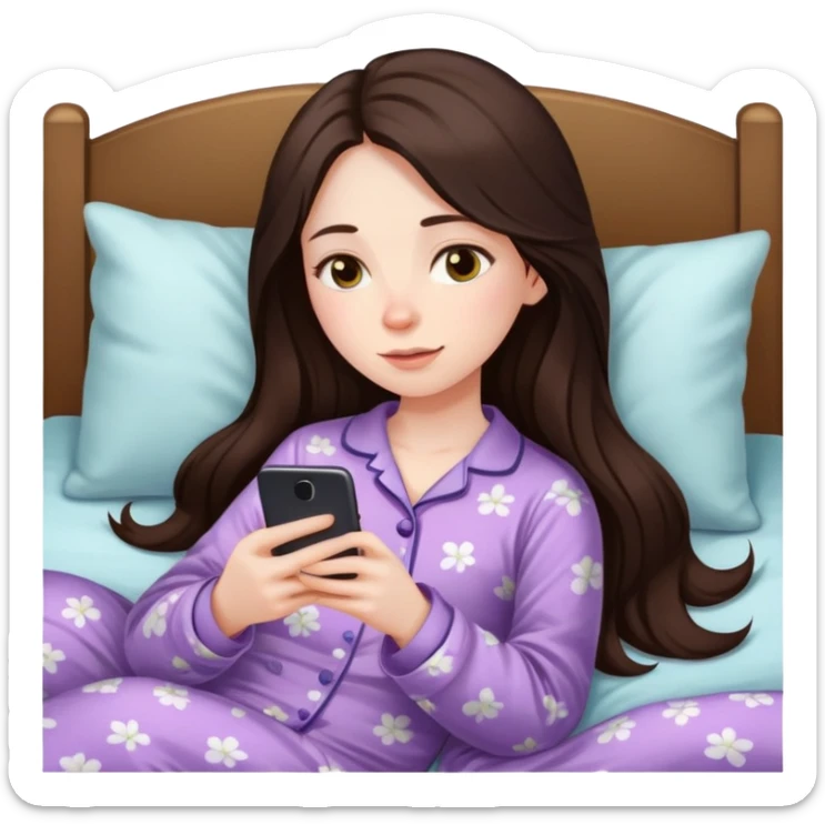 girl with long dark brown hair and pale laying in bed in pajamas looking at her phone sticker