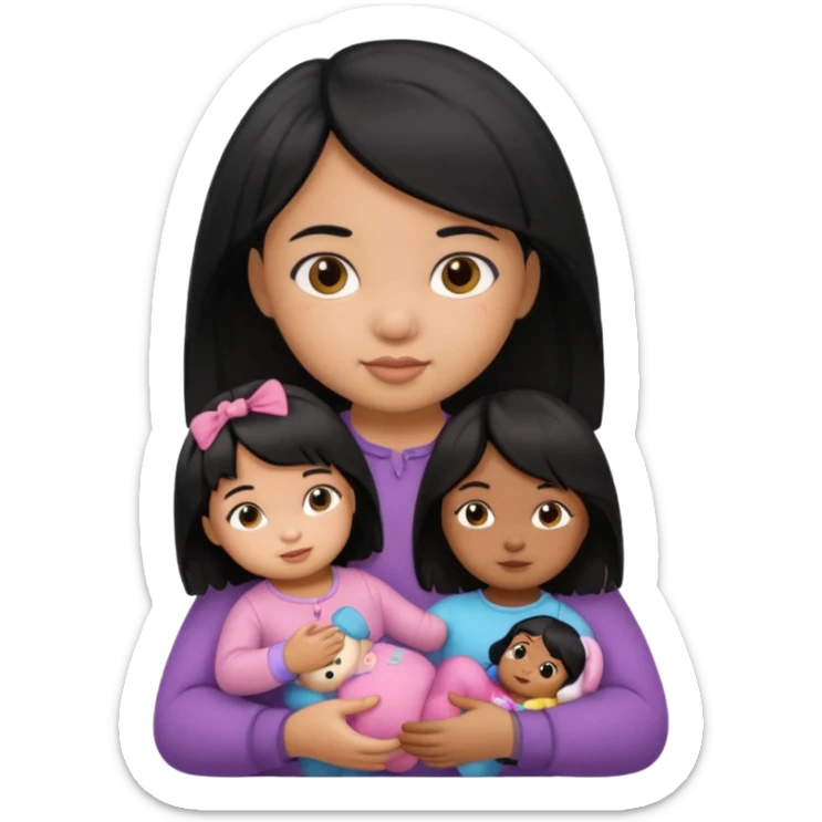 a Toddler black hair girl holding 1 doll sticker