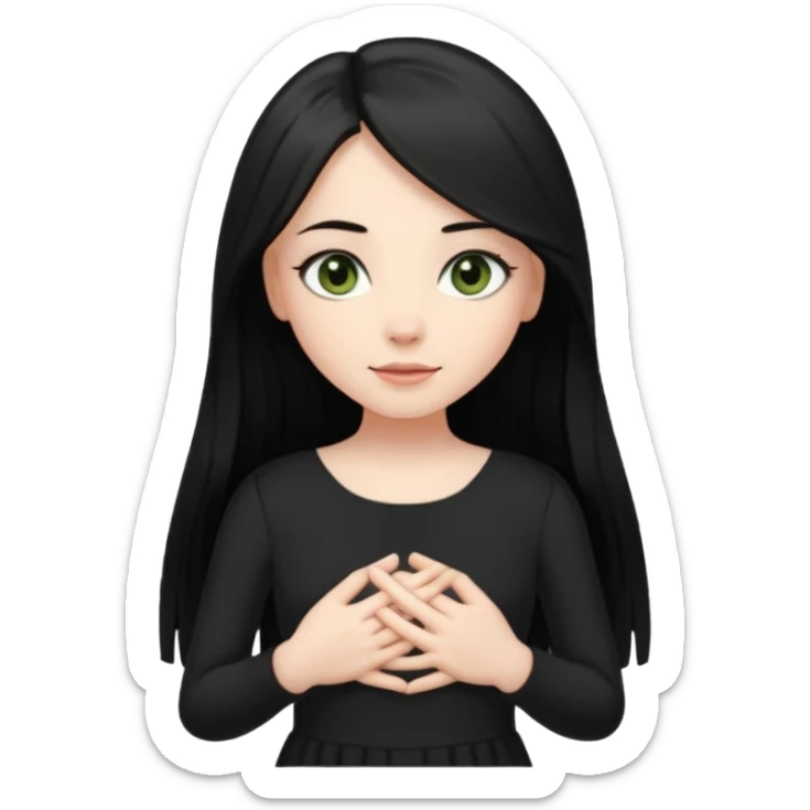 Pale girl with long black hair and olive green eyes soft smile wearing black dress and holding hands over her chest sticker