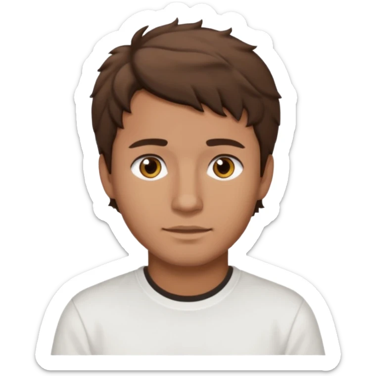 Homme brun cheveux court ondulé. Métisse. Yeux marrons très foncé. Avec t-shirt blanc sticker