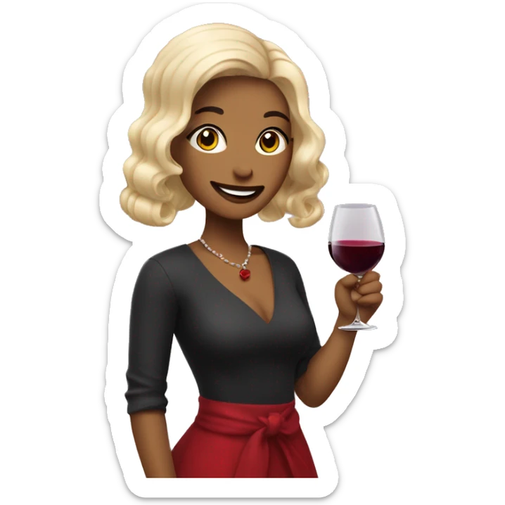 a smiile emoji , wear hair extension, wine glass in her hand, wear red lipstick sticker