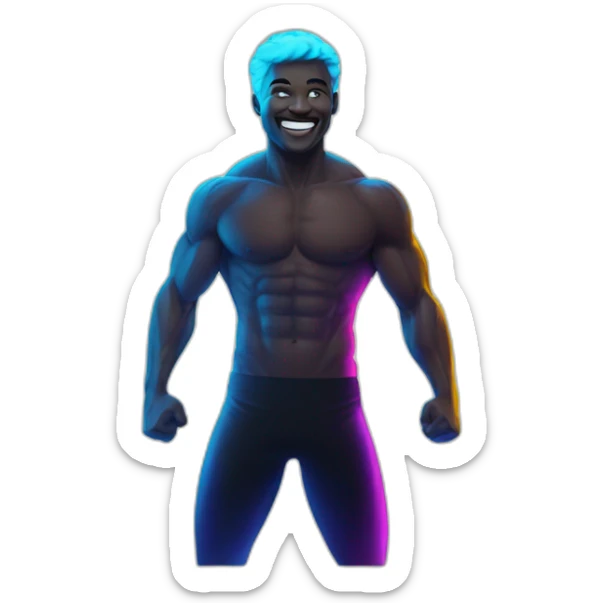 Fit, playful emoji-man with vivid neon glow, exuding a cheerful aura, and strong, lively posture.”  sticker