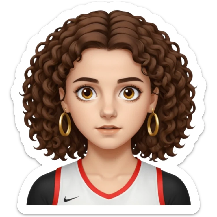 very beautiful italian girl, dark brown eyes, looking like Emma Watson, with curly and big volume very bright brown hair, and a golden piercing ring in nose on left side, doing sports

 sticker