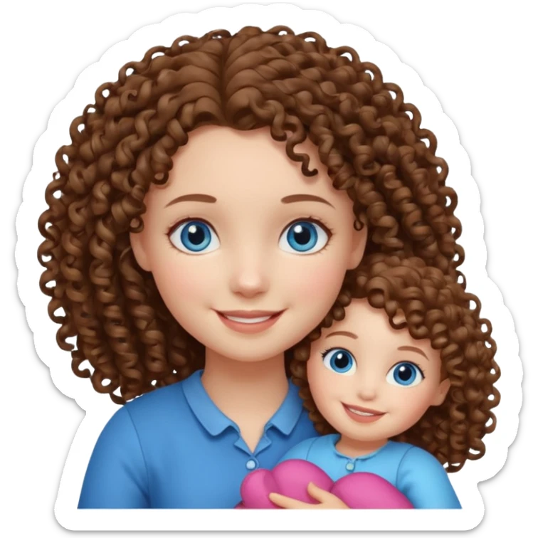 Una niña con ojos celestes y pelo rizado con piel blanca y con una muñeca  sticker