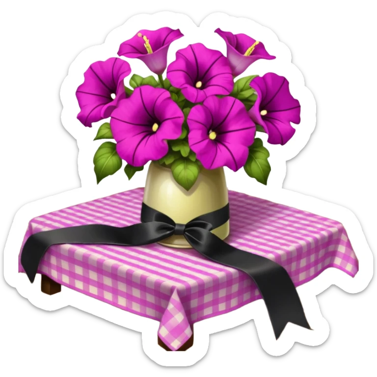 A lush bouquet of bright light margenta color petunia black satin ribbon, resting on an antique wooden table, with a pale yellow and pink plaid pattern table cloth sticker