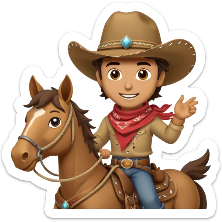clash-of-clans-aesthetic_-cinematic-playful-cowboy-portrait-emoji, head-tilted with a roguish, cheeky grin and twinkling eyes, featuring a rugged, spirited build with a wide-brimmed cowboy hat and a rugged bandana, tan skin-tone, riding a galloping horse with reins in one hand and a lasso in the other, dust trailing behind. sticker