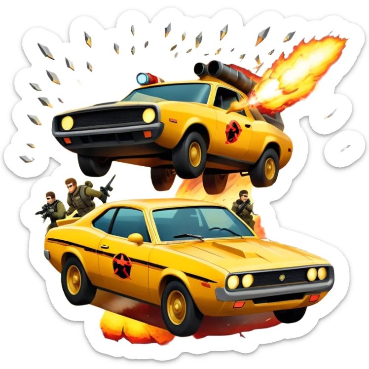 Icon for Action Movies: A photorealistic, vibrant collage in the style of a movie poster, featuring intense action scenes—explosions, high-speed chases, and dramatic close-ups of characters in combat. The design should capture the adrenaline-pumping energy of action films. Transparent background. sticker