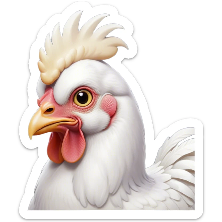 Cinematic Noble White Chicken Portrait Emoji, Poised and regal, with a compact, sturdy build and a pristine, well-groomed pure white plumage, deep-set soulful beady eyes, Simplified yet sharp and sophisticated features, highly detailed, glowing with a soft, dignified glow, high shine, intelligent and alert, stylized with an air of barnyard elegance, focused and attentive, soft glowing outline, capturing the essence of a watchful and confident fowl, so majestic it feels as though it could strut out of the screen with effortless authority! sticker