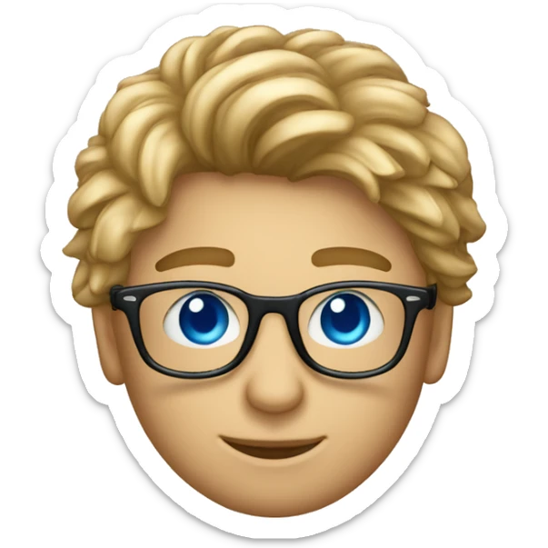 Un ragazzo riccio con gli occhi azzurri e gli occhiali che usa un macbook sticker