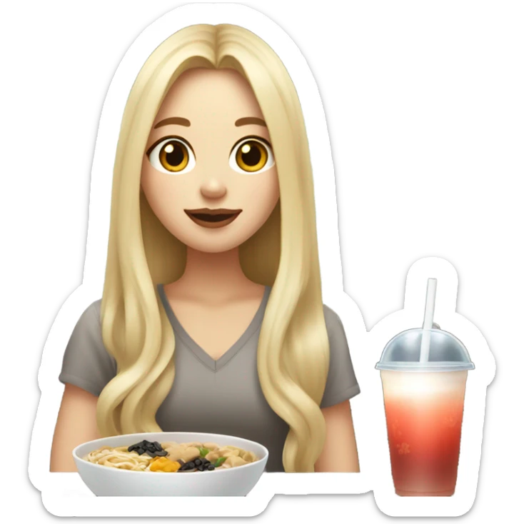  Blonde long hair girl eating Korean food and drinking boba sticker