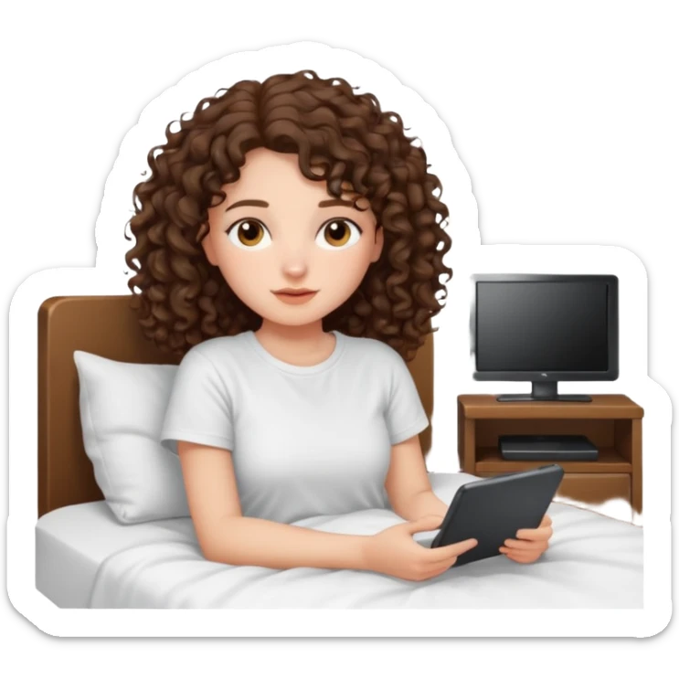 A girl, brunette with curly hair down to her shoulders, watching TV. Have her lie down on the bed, and put on Netflix on the TV. She walks by with her back to the camera, looking at the TV. sticker