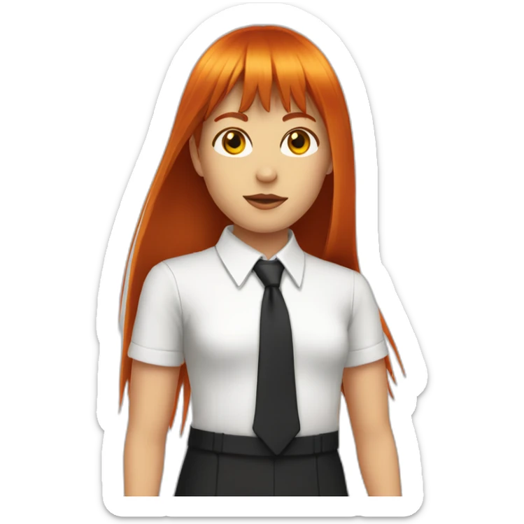 (gril) makima with long straight red hair fringe, yellow eyes with a circle inside and a white shirt and black tie sticker