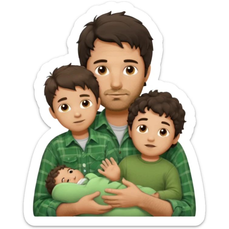 A father with messy medium-length dark hair and light stubble, wearing a green flannel shirt. He holds his child who has short curly brown hair and a cream-colored romper. Cozy warm lighting, authentic family moment. sticker