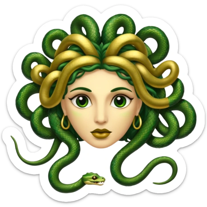 The Sicilian Medusa in gold and green and make the snake hair have snake faces  sticker