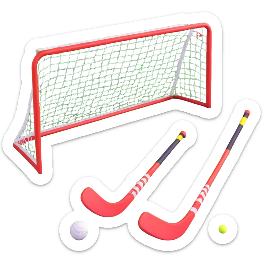 field hockey equipment on lush green pitch with goal in background sticker